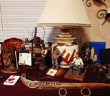 Michael Garman and one Matt Hey cowboy figurines, rustic cowboy and farm items, Southwest lamp, oil lamp, antique rusty lantern, wrought iron wall sconces
