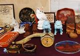 Vintage Las Vegas tray, Foo dog statues, Mexican painted terra cotta dishes, cow bells, Scotty dog bookends, plaster-of-Paris owl