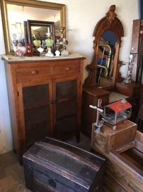 Pie safe, Oil lamps (some converted), Victorian dresser with mirror & marble, Hump back trunk with tray inside