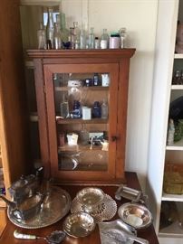 Medicine cabinet, bottles & silver plate misc.