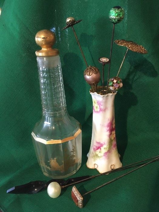1920's Baccarat Perfume, Hatpins & Hatpin holder
