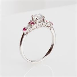#11	14K WHITE GOLD DIAMOND AND RUBY RING SIZE 6.5