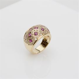 #12	18K YELLOW GOLD BOMBE' RUBY AND DIAMOND RING