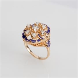 #18	14K VICTORIAN DIAMOND CLUSTER RING W/ BLUE ENAMEL