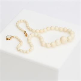 #23	WHITE CORAL BEAD NECKLACE WITH 18K CLASP