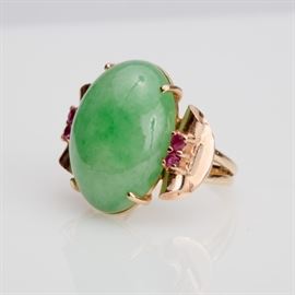 #38	20CT. JADEITE CABOCHON AND RUBIES 14K RING 