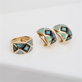 #53	14K OPAL & ONYX INLAY MATCHING RING AND EARRINGS