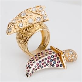 #94	GOLD DAGGER & SHEATH DIAMOND RUBY SAPPHIRE RING 