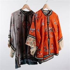 #130	TWO CHINESE SILK ROBES WITH 1 PAIR MATCHING PANTS