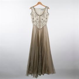 #142	EVIS AND BROWN BEADED SILK CORSET DRESS