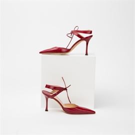#174	MANOLO BLAHNIK RED LEATHER ANKLE TIE PUMPS -NEW