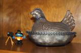 Indiana Glass? Blue Chicken Candy Dish and Photographer Smurf