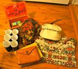 Collectible Braniff Cups, 2 Vintage Hats, Beautiful Tapestry Purse, Leather Wallet and set of blocks