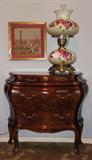Vintage Burled Wood Bombe Chest and Hand Painted Hurricane Lamp
