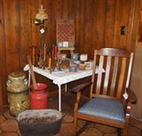 Antique Thread Holders, Antique Milk Cans, Antique Bean Pot, Antique Oak Rocking Chair