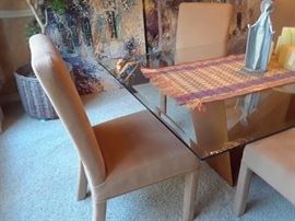 Six luxe Parson's style chairs in beige suede like fabric