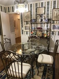 Glass top and painted wrought iron Bistro dining table and 4 chairs; Baker's rack