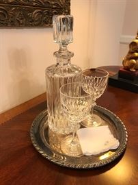 Gorham white wine crystal glass; decanter; silver plate platter