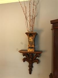 Hand painted vase on wooden wall shelf/bracket (pair)