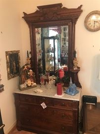 Antique Eastlake White Marble Top with Burl Wood Dresser