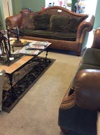 Schnadig leather and tapestry sofa and loveseat