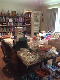 Office full of books, crafts, doll house miniatures and misc. office.