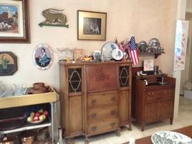 Rolling bar, desk, and antique commode.