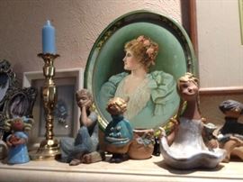 Pottery figures and antique portrait tray