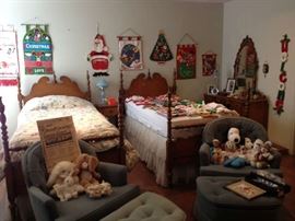 Twin antique bedroom suite with matching chests, night stand and vanity.  Lots of hand done sequin Christmas decorations.