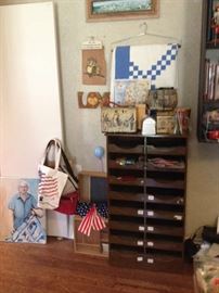 Blue/white quilt, file shelf, oil painting 