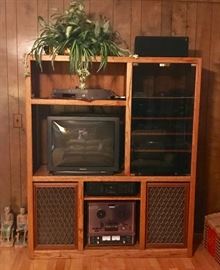Oak entertainment center and vintage electronics