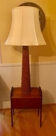 Danish modern teak occasional table with drawers and carved teak lamp