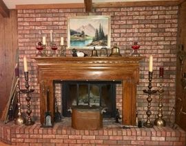 Copper canner, duck decoy, oil lamps, Asian bells, brass candlesticks, European oil painting 