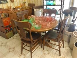 Antique pressed back chairs, Depression glass