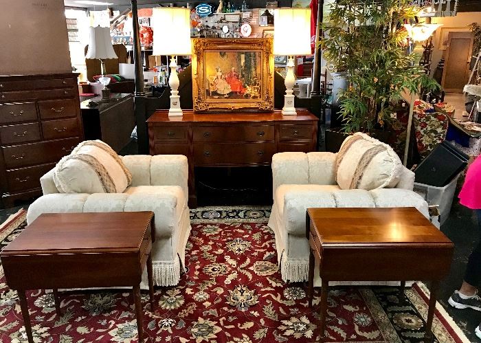 2 Matching Upholstered Chairs in great condition with fringed bottoms, with 2 matching antique drop leaf end/side tables and a beautiful mahogany antique buffet 