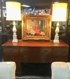 Large gold framed Art and two vintage matching lamps with gold trim