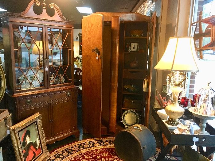 Antique furniture, luggage, framed art, lamps, collectibles
