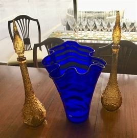 Large blue hand blown vase and two matching vintage amber colored decanters