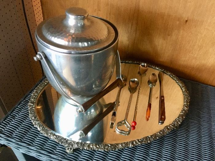 Silver framed mirrored tray, vintage ice bucket and bar spoons/mixers