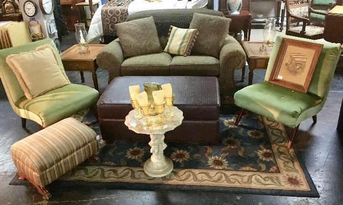 Mid Century Modern Green Chairs, over-stuffed love seat, large ottoman, and Duncan Phyfe small ottoman, small marble cherub table
