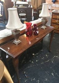 Sofa Table, Small Lamps, Cranberry Glassware