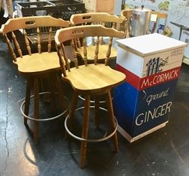 Four Oak Bar Stools, custom painted metal "McCormick" cabinet