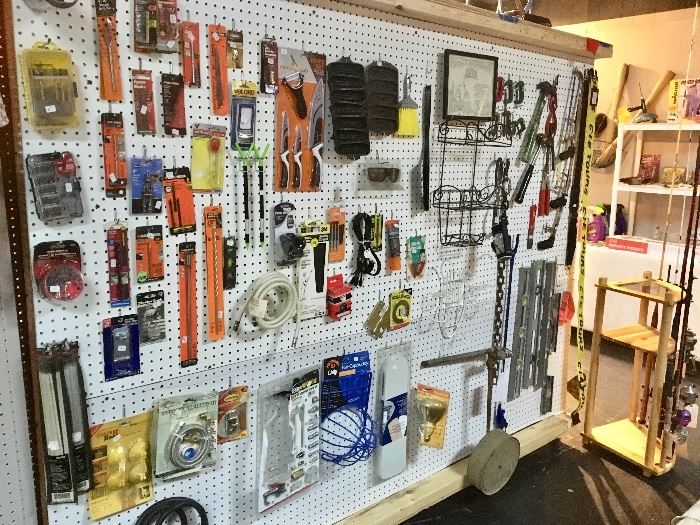 Tools, garage items, levels, fishing poles