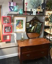 Signed & Framed ROOSTER print, 2-drawer antique chest, shield-shaped antique mirror
