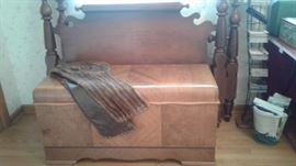 Mink stole and other vintage clothing, waterfall cedar chest, great full size four poster bed