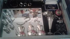 Figural Vintage Christmas Ornaments, Sterling Victorian basket, compacts, sterling salts, ladies gold watch and more