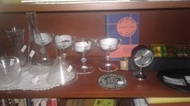 My favorite-"geeky shelf"-Apothecary, slide rules, KAPL wine glasses, KAPL Commemorative ashtray  Other KAPL items in other areas