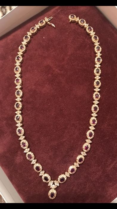 $2,100 final/no negotiation14 kt yellow gold, 32 ruby gemstones (7 X 8 mm) Presidium gemstone Duo tested & 400+ diamonds necklace . Call 972-814-2864 to buy. We have other 14 kt gold items. Better come quickly..