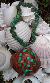 STERLING inlaid turquoise, coral & MOP on shell, signed ...