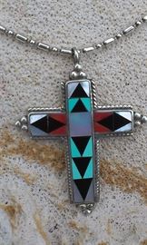 Navajo Zuni sterling, turquiose, coral & MOP inlaid cross w 925 chain